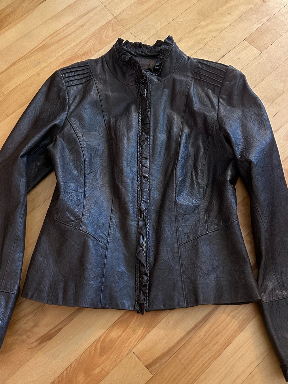 Danier Vintage Y2K Brown Leather Ruffle Moto Jacket M